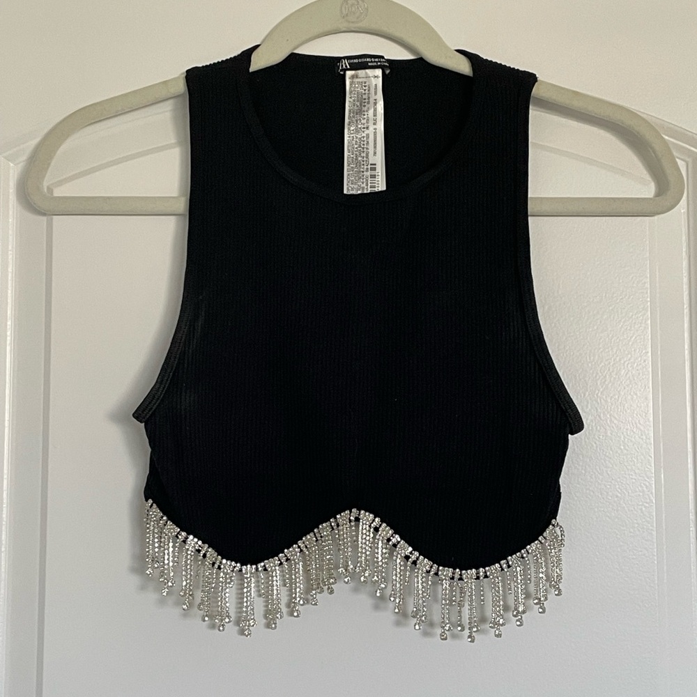 Zara Black Tank Top with Silver Beaded Fringe